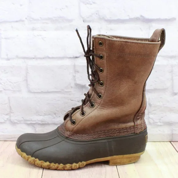 LL Bean Brown Leather Mid Calf Lace Up Unlined Hunting Duck Boots Size 6 M - Picture 1 of 8